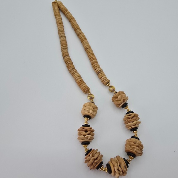Chunky‎ Statement Necklace Wood Disc Beaded Gold Tone Boho Tribal Natural Brown - Picture 7 of 8